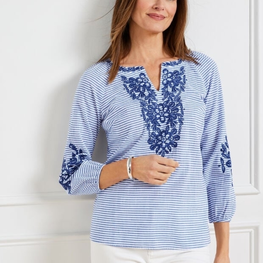 Talbots Shirt Womens MP Blue Stripe Cotton Tunic Embroidered Coastal Preppy Boho